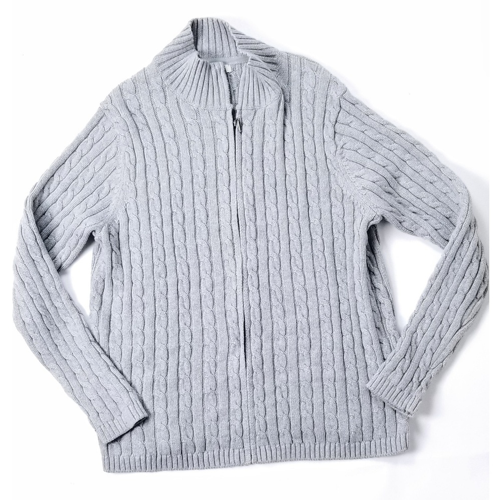 LL Bean Ladies Cable Knit Gray Full Zip Jacket